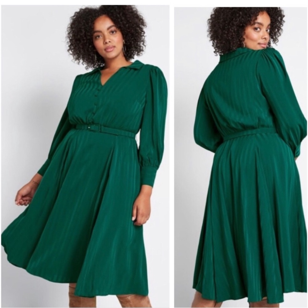 ModCloth A Classy Announcement Midi Dress Long Sleeve Green Stripes 22